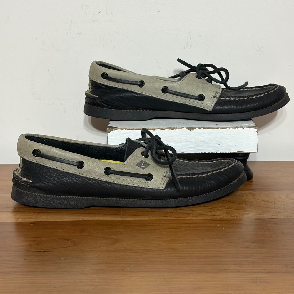 Sperry Top-Sider Mens 9.5 M Black Grey Leather Boat Shoes STS17358